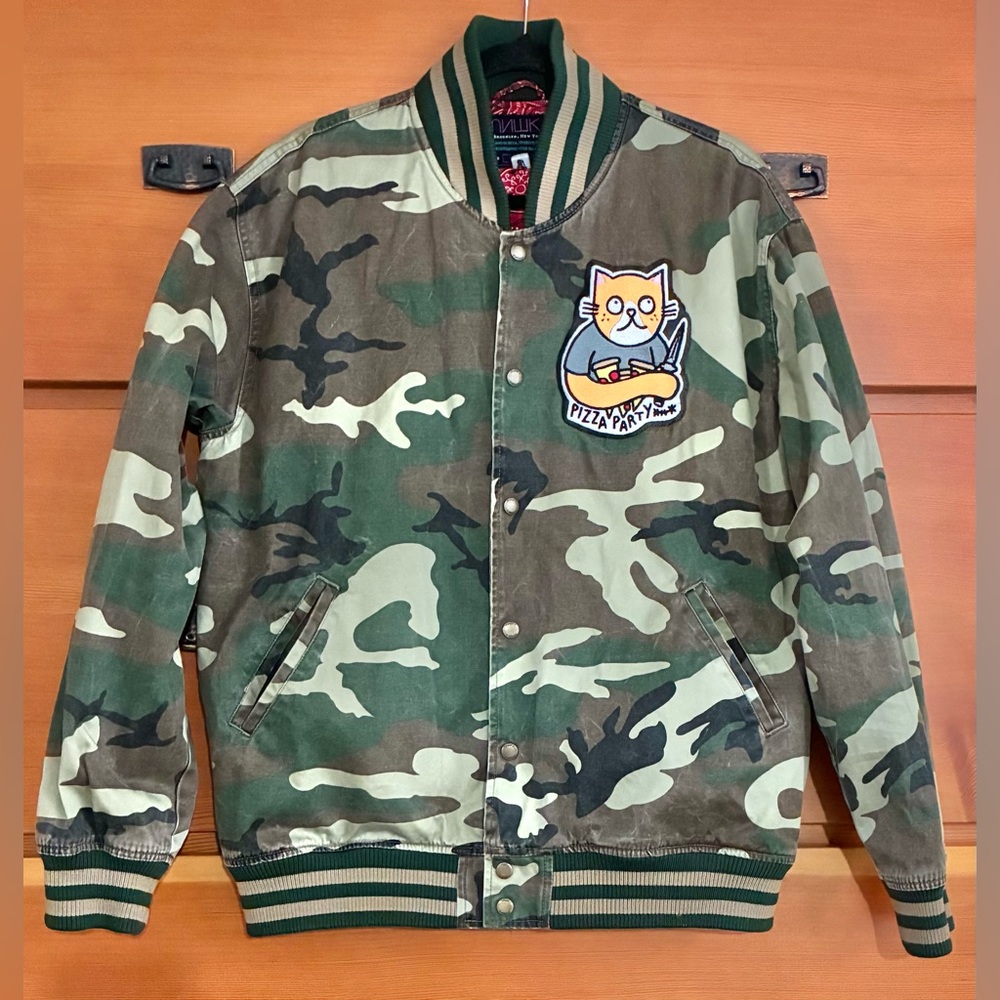 Mishka Brooklyn Camo Varsity Jacket Pizza Party Cat Patch XL